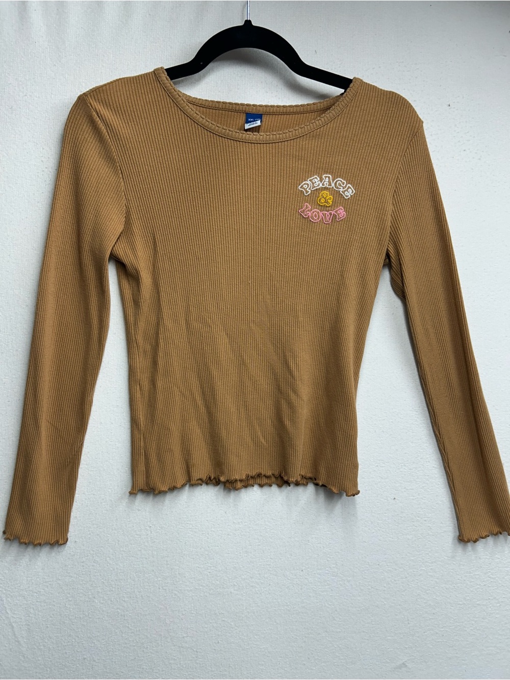 Old Navy Camel Ribbed Long-Sleeve Top with Peace & Love Graphic